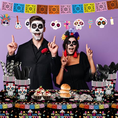 Black Dia de los Muertos Party Supplies Set - Skull Decorations for Mexican Fiesta, Halloween & Birthday