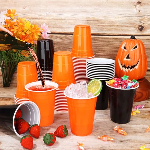 Black & Orange Plastic Cups 16 oz Bulk Disposable Party Cups - Fall & Halloween