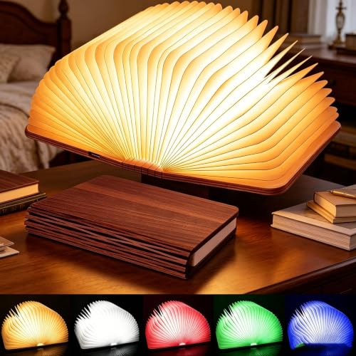 Wooden Book Lamp with 5-Color Lighting - Folding Book Light for Book Lovers Gifts