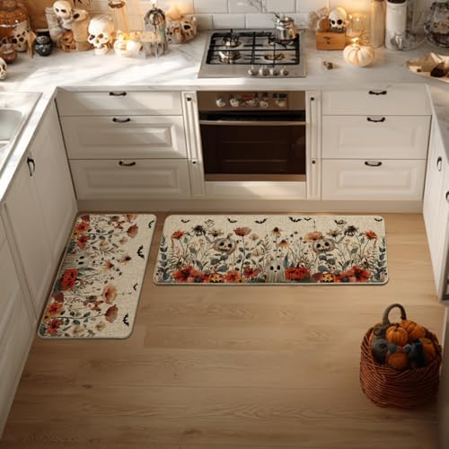 Ghost Flowers Halloween Kitchen Mats Set of 2 - Non-Slip Decor Rugs