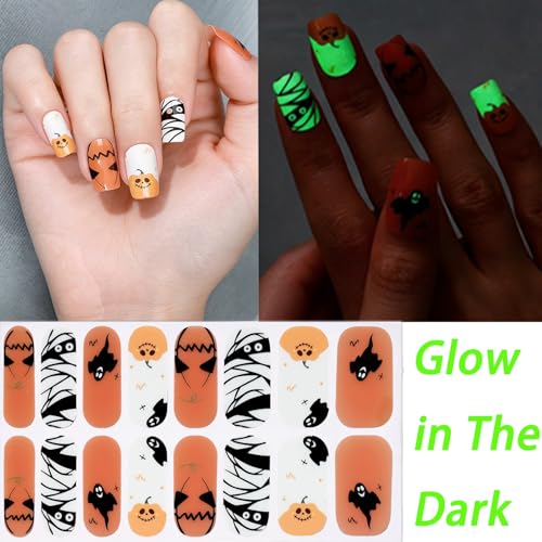 Halloween Glow-in-The-Dark Nail Wraps - Ghost & Pumpkin French Tips, 4 Sheets, Style 10