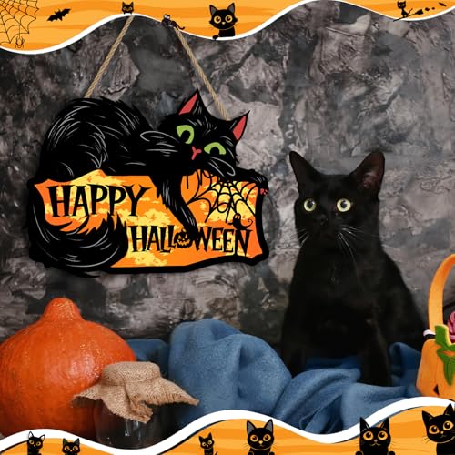 Black Cat Halloween Door Sign - Spooky Wooden Welcome Sign with Spider Web, 12x12 Inches - Variation of THIS listing