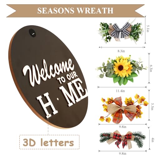 Interchangeable Seasonal Welcome Sign with 4 Wreaths & 14 Holiday Icons - Rustic Wooden Front Door Decor