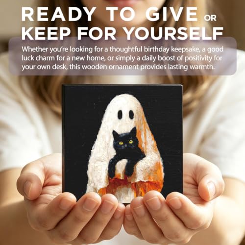 Halloween Ghost and Black Cat Wood Sign - Spooky Cute Decor for Home & Office