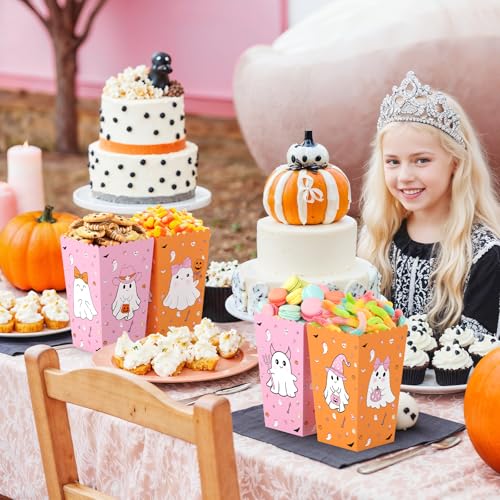 Halloween Popcorn Favor Boxes - Pink & Orange Ghost Theme, 24 Pack