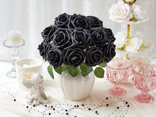 Artificial Black Roses Foam Flowers - 16 Pcs, DIY Floral Decor, Adjustable Stems, Gift Set