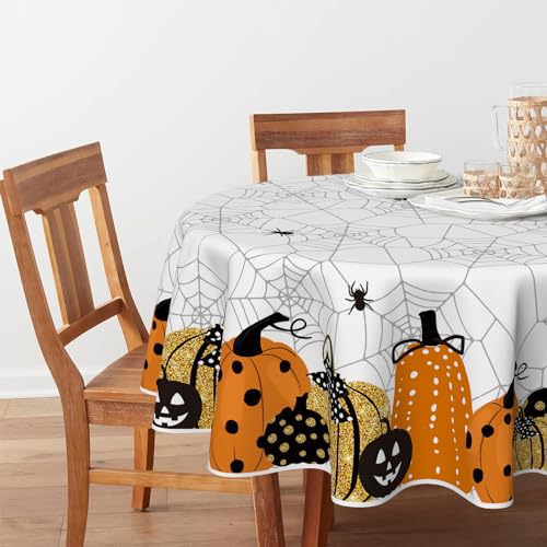 Halloween Tablecloth 90x90 Inch Round Jack-O-Lantern Cobweb White - Durable Polyester