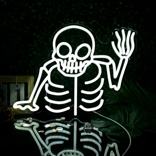 Skull Neon Sign Halloween Decoration LED Skeleton Wall Light - Cold White