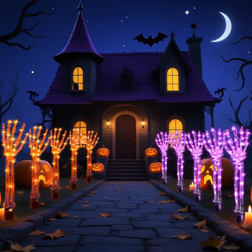 Solar Halloween Skeleton Hand Stakes - 5 Pack Purple & Orange LED Pathway Lights - Waterproof Outdoor Yard Decorations - Variation: Orange Skeleton Hands