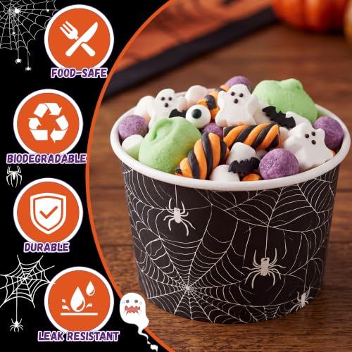Halloween Spider Web Paper Bowls - 16oz Disposable Snack Cups, 60 Pack - Spooky Party Tableware