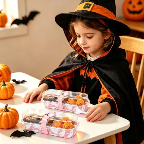Pink Ghost Halloween Mini Loaf Pans with Lids & Forks, 6.6 Inch Disposable Baking Containers, 100 Pack