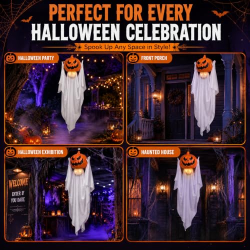 42-Inch Halloween Hanging Ghost Decoration with LED Eyes and Pumpkin