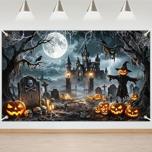 Avezano Halloween Banner 6x3.6ft Spooky Haunted Graveyard Backdrop - Creepy Halloween Decorations