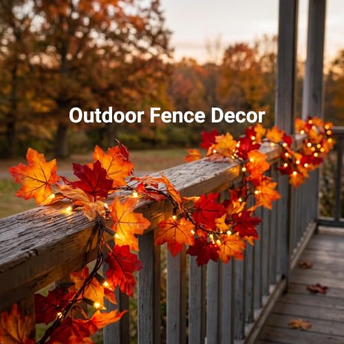11ft Lighted Fall Leaf Garland with 50 String Lights - Autumn Decor, Indoor & Outdoor