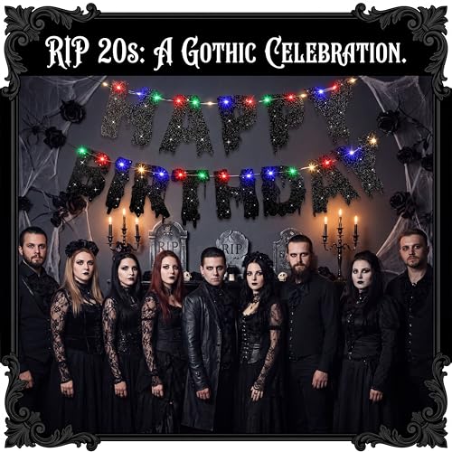 Halloween Gothic Birthday Banner with LED Lights - Black Glitter Celebration Decor
