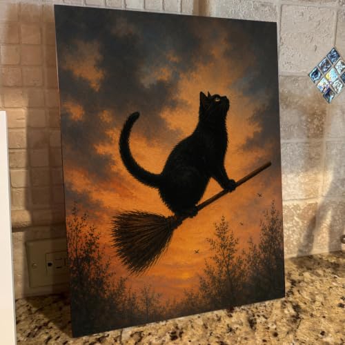 Halloween Wall Art Framed Canvas Print Black Cat Broom - Variation of THIS listing