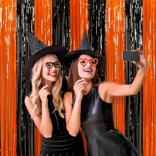 Black and Orange Streamers Halloween Backdrop Foil Fringe Curtain - 3.3ft x 6.6ft, 2 Pack