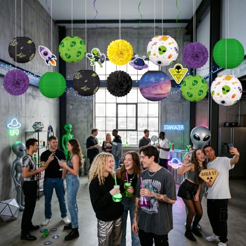 Alien UFO Paper Lanterns Party Decorations - 17 Pcs Space Theme Set