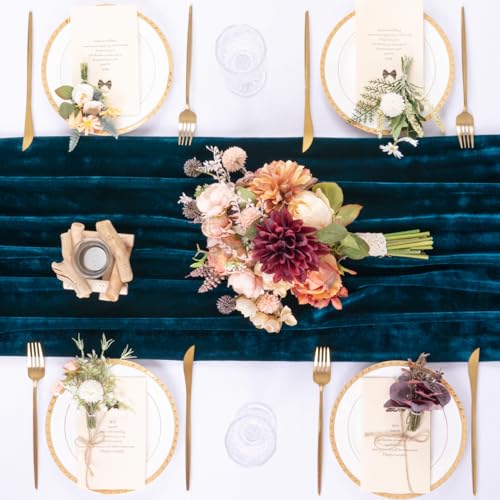 Peacock Blue Velvet Table Runner - Fall Boho Wedding Home Decor - 10ft