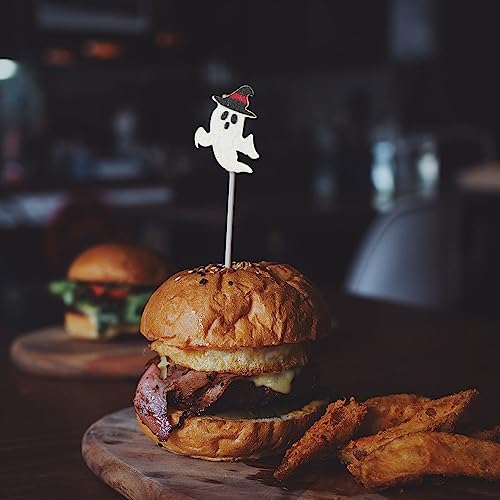 Halloween Cocktail Picks Set - 100 Wooden Skewers with Ghost, Pumpkin, Bat, Spider, Hat, Trick or Treat Designs