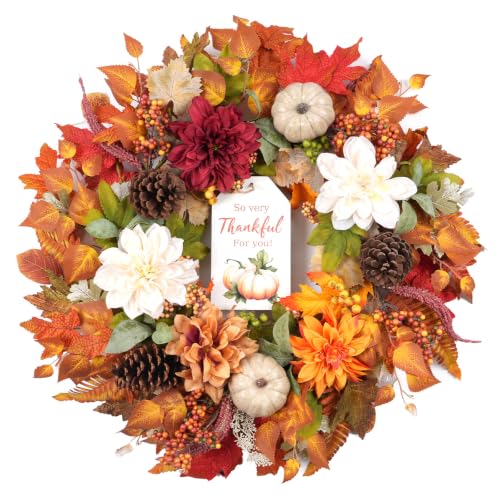 Fall Wreath for Front Door with Pumpkins Dahlias Pinecones Wood Sign - 24 Inch