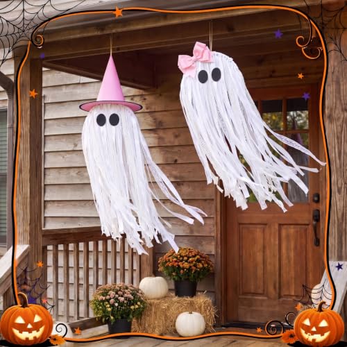 Pink Ghost Halloween Hanging Decor with LED Lights - Outdoor & Indoor Festive Decoration, 2 Pack