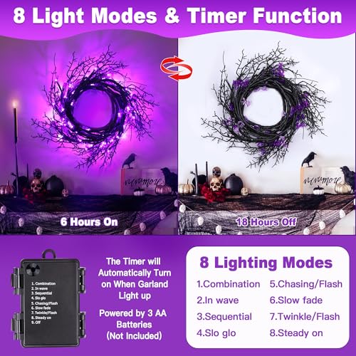 9FT Halloween Garland with Purple LED Lights & Bats - Indoor Spooky Decor, Battery Operated