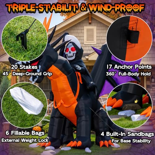 11.5FT Animated Halloween Inflatable Dragon & Grim Reaper with Moving Head - Outdoor Yard Decor