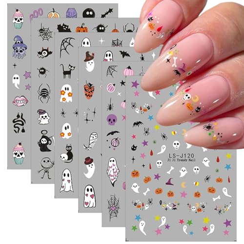 Halloween Ghost Nail Stickers - 3D Spider Bat Pumpkin Bone Design with Variation Flower Nail Stickers-3
