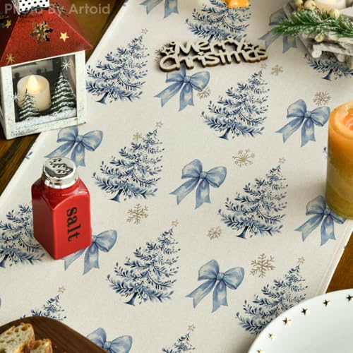 Christmas Table Runner 13x108 Inch Snowflakes Bowknot Seasonal Decor for Home & Kitchen