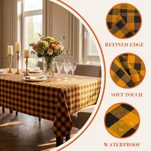 Waterproof Gingham Tablecloth - Black & Orange Checkered Fabric, 102" x 60" Rectangular for Indoor Outdoor Dining