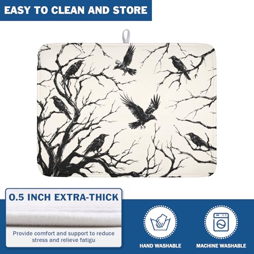 Halloween Crows Dish Drying Mat for Kitchen Counter Vintage Spooky Raven Pattern 24x18 Inches - Absorbent Microfiber Washable Drainer Pad