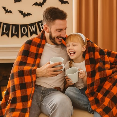 Halloween Throw Blanket - Buffalo Plaid Pattern, Orange & Black, 50x60 Inches - Fall & Holiday Home Decor