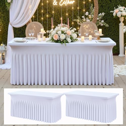 White Spandex Tablecloth 4ft with Ruffle, 2 Pack - Fitted Stretch Table Covers for 6ft Rectangular Tables, Wrinkle-Free Party & Wedding Decor