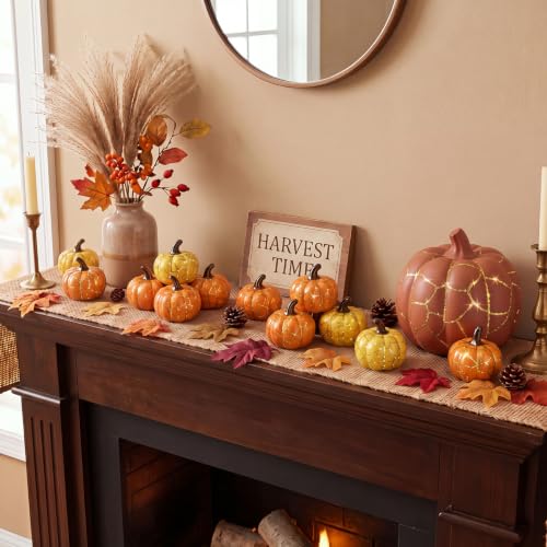 Set of 6 Fall Ceramic Pumpkins for Farmhouse Decor - Orange & Yellow
