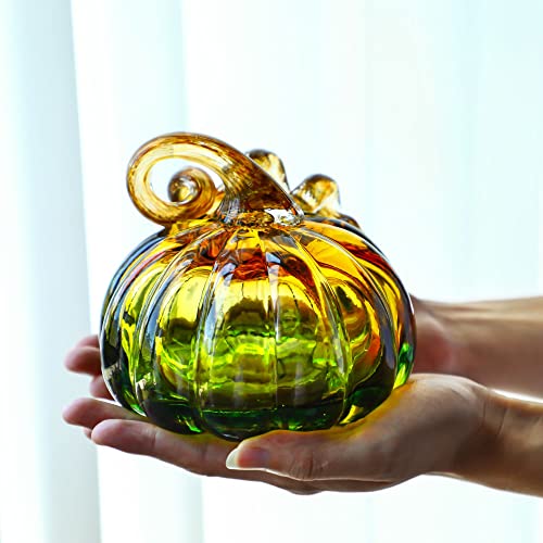 QFkris 5 Inch Hand Blown Glass Pumpkin Figurine - Olive Green Fall Decor