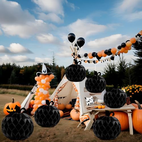Black Pumpkin Honeycomb Decorations - 10 Inch Paper Centerpieces for Fall Parties (6 PCS)