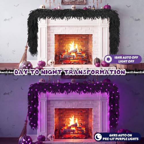Pre-Lit Halloween Garland 6ft Black Norfolk Pine with Purple LED Lights