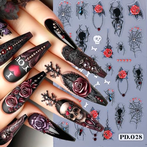 Halloween Nail Art Stickers 2 Sheets 5D Embossed Skeleton Heart Spider Web Decals