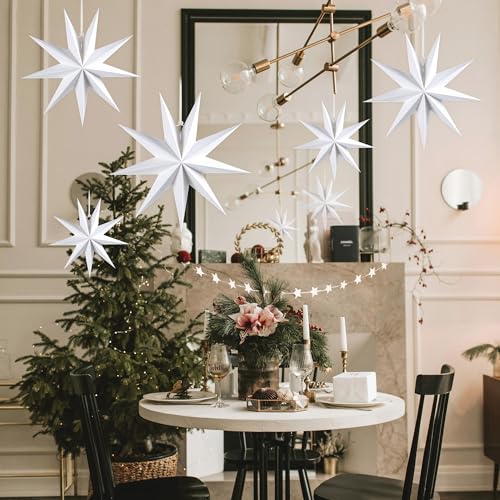 White 12 Pack 9-Pointed Large 3D Paper Star Lanterns with Star Garland for Party & Home Decor