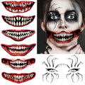 Halloween Spider Web & Red Mouth Temporary Tattoos Set - 7 Sheets, Realistic Zombie & Clown Designs, Variation: RedMouth