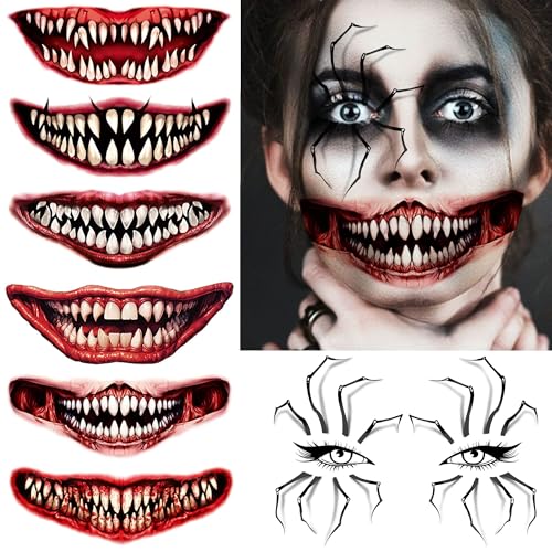 Halloween Spider Web & Red Mouth Temporary Tattoos Set - 7 Sheets, Realistic Zombie & Clown Designs, Variation: RedMouth