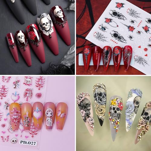 Halloween Nail Art Stickers 2 Sheets 5D Embossed Skeleton Heart Spider Web Decals