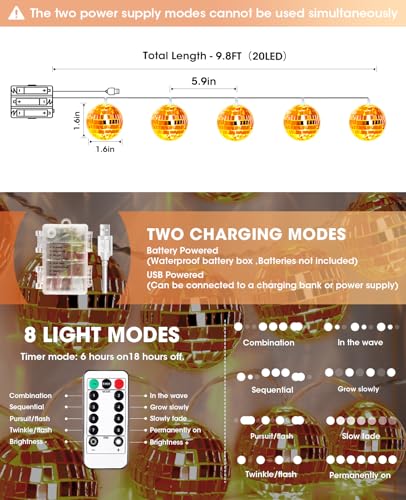Orange Disco Ball Decor String Lights - 20 LEDs, 9.8Ft, Battery & USB Power, Fall & Party Decoration - Variation of THIS listing