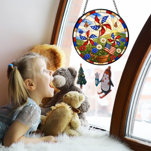Patriotic Stained Glass Sun Catcher - 7.9 Inch American Flag Window Decor