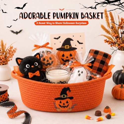 Halloween Pumpkin Basket Set - Woven Cotton Rope Storage Bins with Handle - Orange Witch Hat Design, 12x8x5 Inches - Variation of Pumpkin