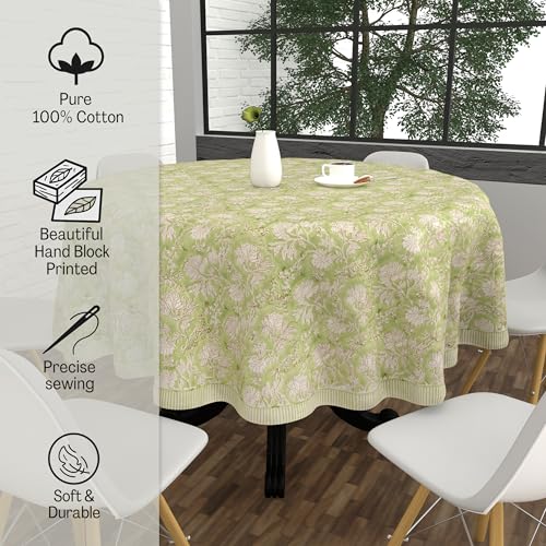Mint Blossom Tablecloth - 90 Inch Round 100% Cotton Hand Block Print - Farmhouse & Holiday Decor