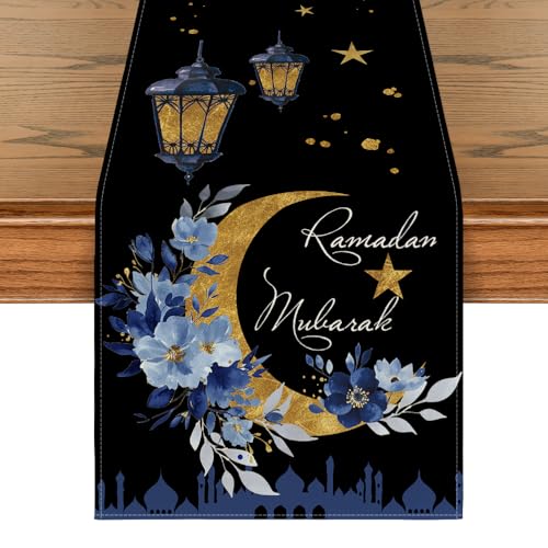 Black Castle Lantern Flower Ramadan Table Runner - 13x72 Inch Seasonal Home Decor