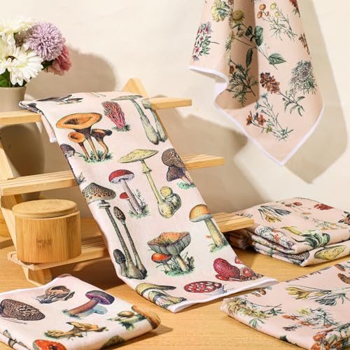 6Pcs Vintage Kitchen Towels with Flower and Mushroom Designs - Absorbent Microfiber Set