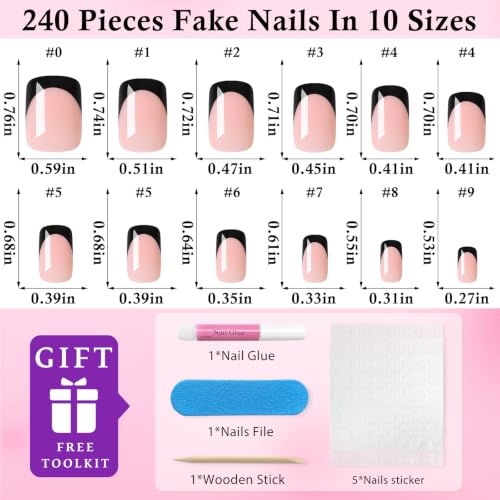 240P Short Square French Tip Press On Nails with Glue - Black & White Variation